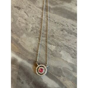 Sparkling Round Halo Pendant Necklace Pink Gemstone Silver Chain Women's Jewelry